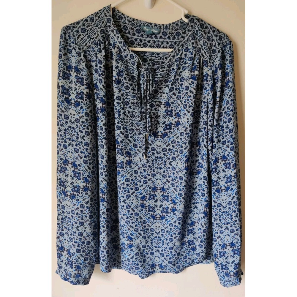 Fleur Bleue Blouse Women's‎ Geometric Print Long Sleeve Flowy Blue/White Size XL